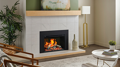 A 29" fireplace or insert featuring advanced LCD flame display technology, an ultra-realistic firebed, and an assortment of dynamic fuel effects.