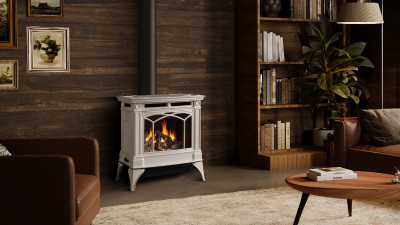 Large freestanding gas stove with electronic ignition. Transform a room with this beautiful cast iron direct vent gas stove which is available in three finishes.