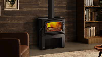 A perfect fit for smaller rooms. This small non-catalytic wood stove comes with your choice of pedestal or legs and it is available in black or with nickel accents.